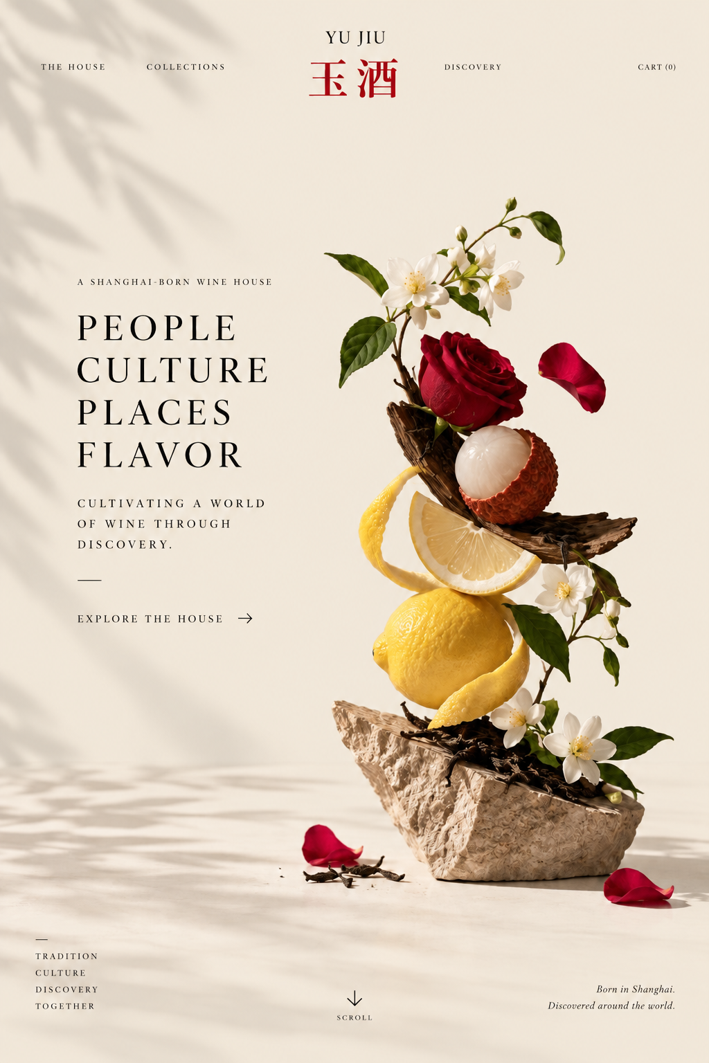YU JIU The House composition featuring lemon, lychee, jasmine and rose arranged as an editorial still life.